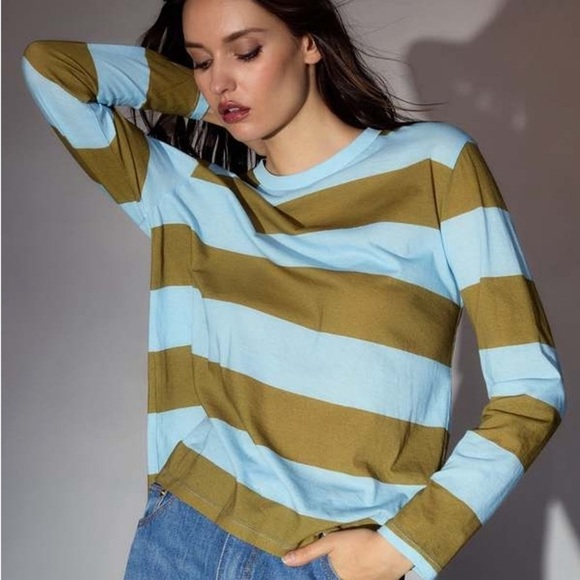 Cynthia Rowley Tops - Cynthia Rowley Blue and Olive Striped Sweatshirt